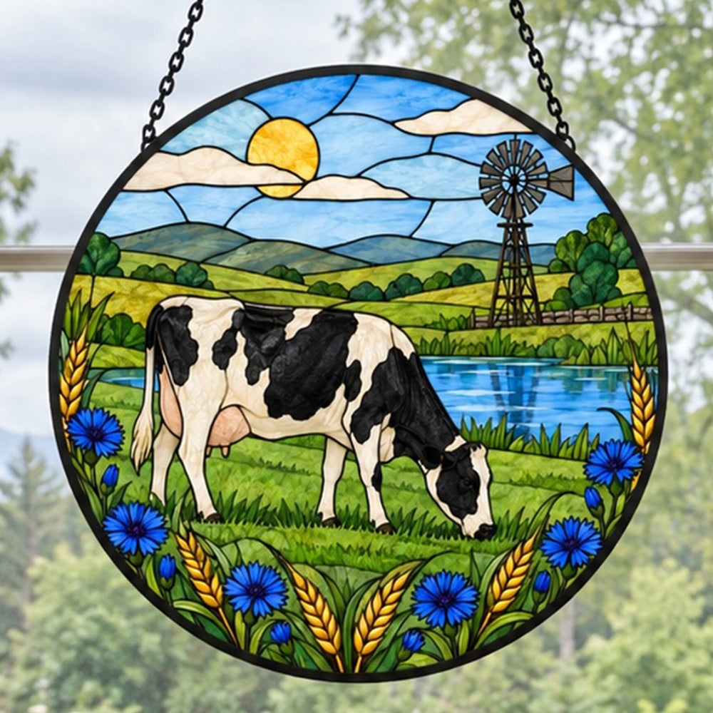 Cow stained glass suncatcher window hanging, suitable for home and garden decoration
