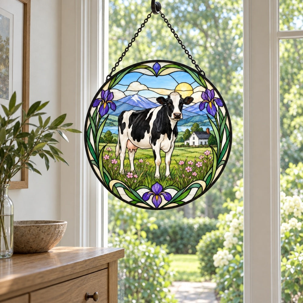 Cow stained glass suncatcher window hanging, suitable for home and garden decoration