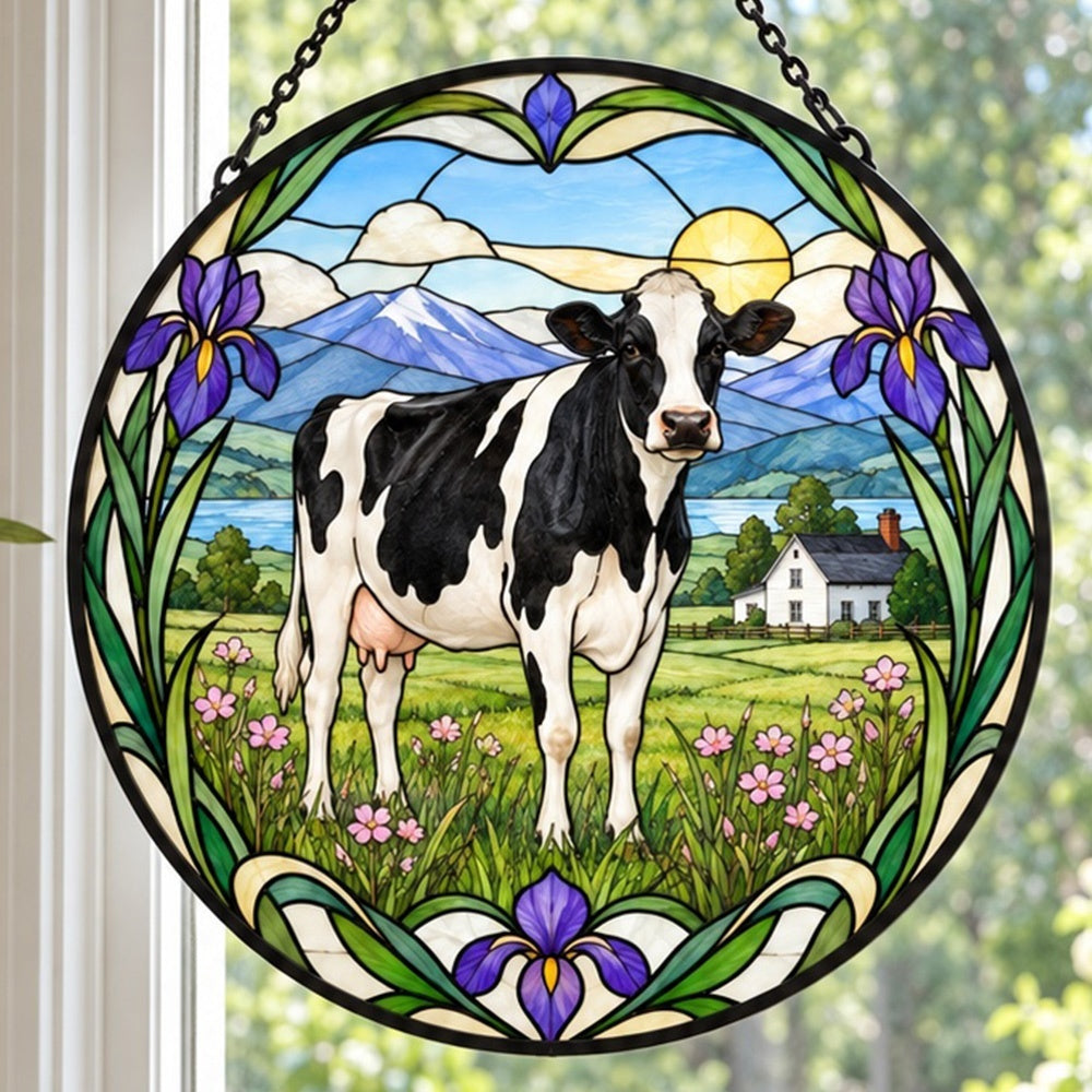 Cow stained glass suncatcher window hanging, suitable for home and garden decoration