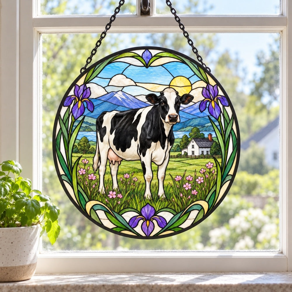 Cow stained glass suncatcher window hanging, suitable for home and garden decoration