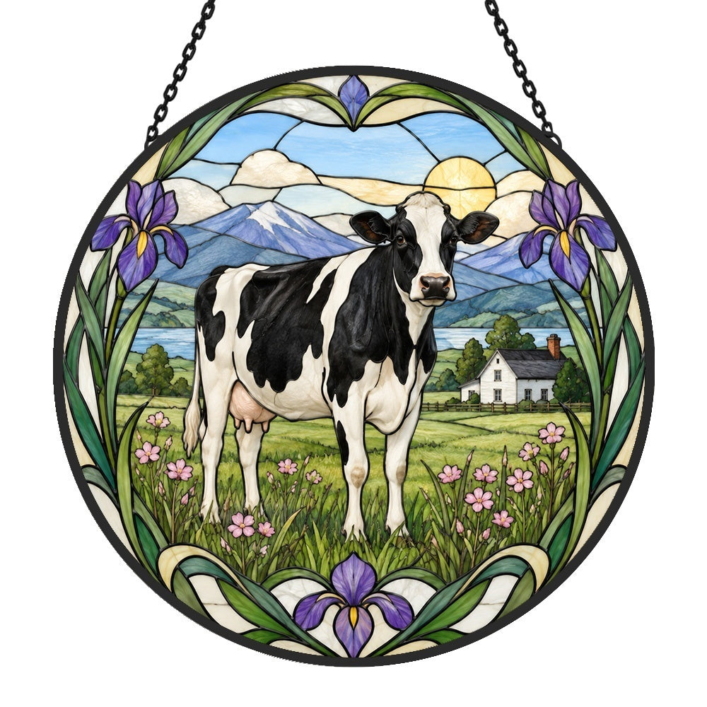 Cow stained glass suncatcher window hanging, suitable for home and garden decoration