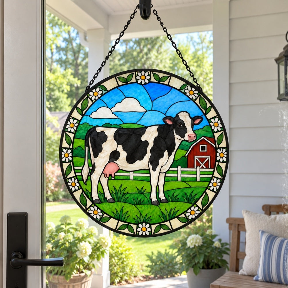Cow stained glass suncatcher window hanging, suitable for home and garden decoration