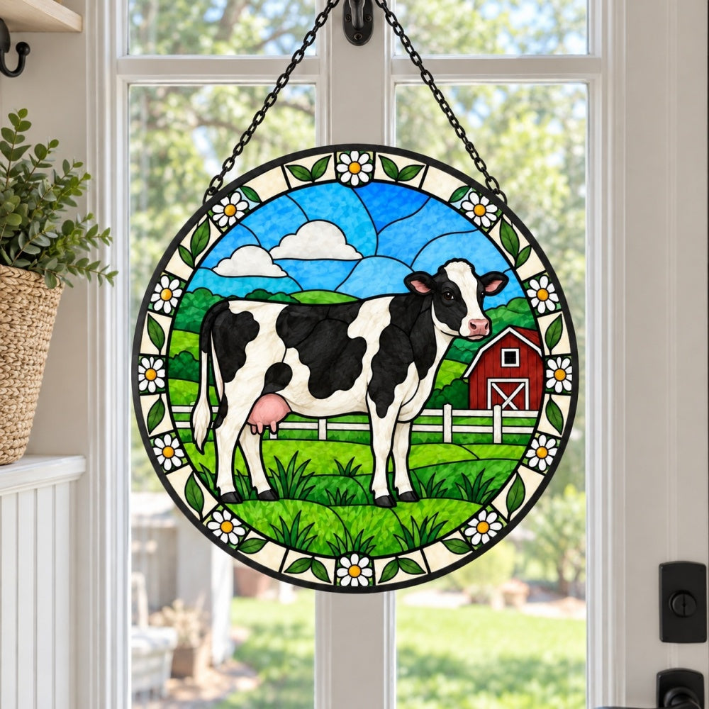 Cow stained glass suncatcher window hanging, suitable for home and garden decoration