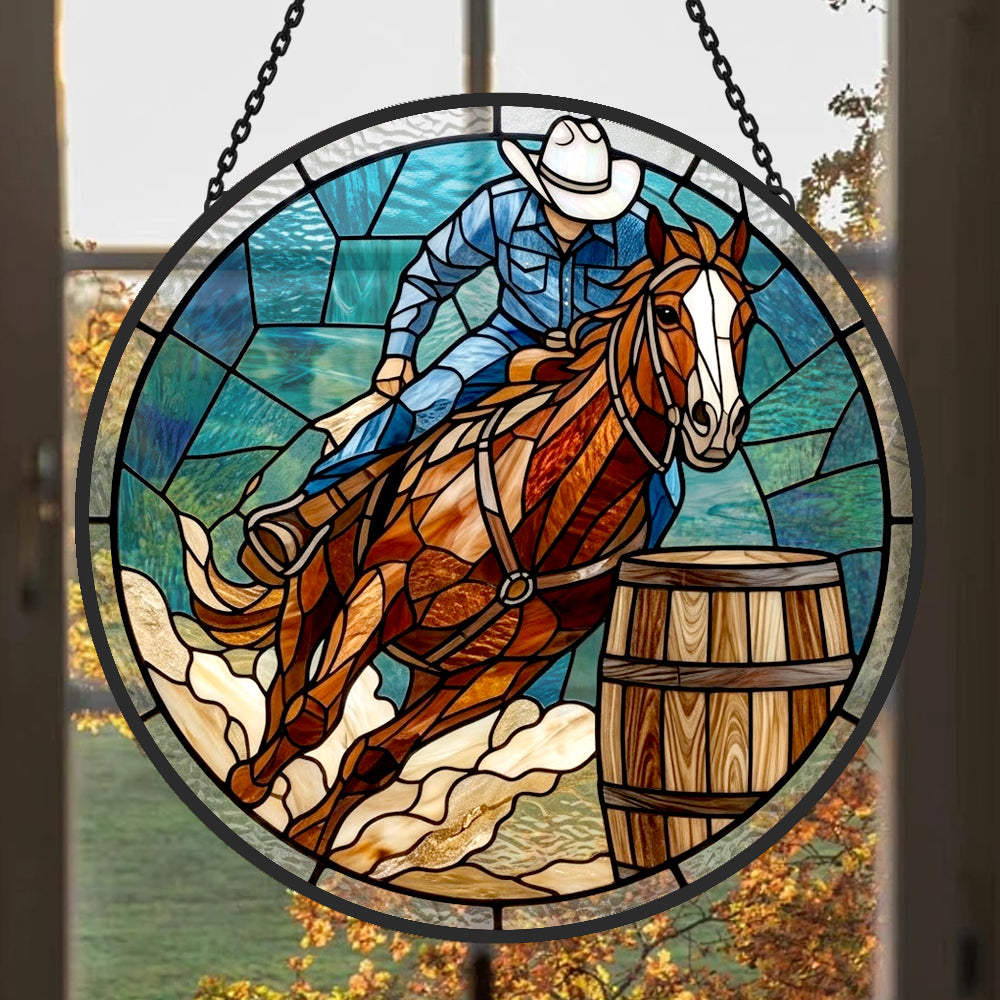 Cowboy barrel racing stained glass suncatcher window hanging, suitable for home and garden decoration