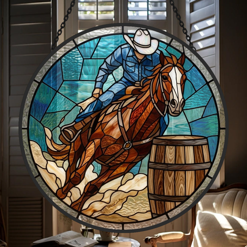 Cowboy barrel racing stained glass suncatcher window hanging, suitable for home and garden decoration