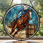 Cowboy barrel racing stained glass suncatcher window hanging, suitable for home and garden decoration