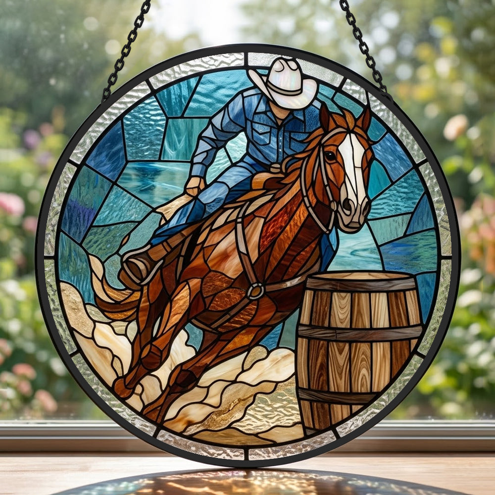 Cowboy barrel racing stained glass suncatcher window hanging, suitable for home and garden decoration