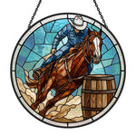 Cowboy barrel racing stained glass suncatcher window hanging, suitable for home and garden decoration
