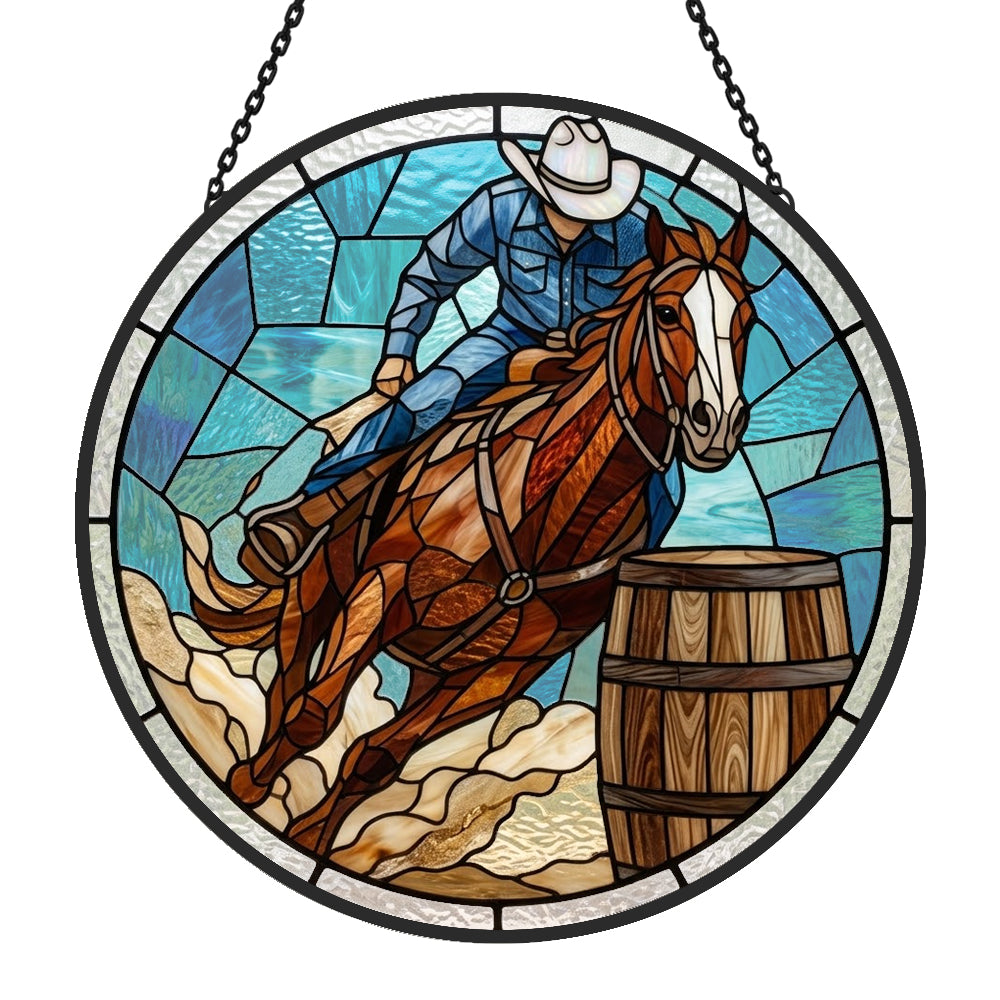 Cowboy barrel racing stained glass suncatcher window hanging, suitable for home and garden decoration