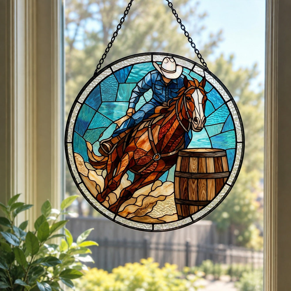 Cowboy barrel racing stained glass suncatcher window hanging, suitable for home and garden decoration