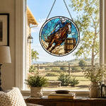 Cowboy barrel racing stained glass suncatcher window hanging, suitable for home and garden decoration