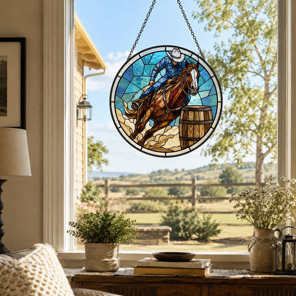 Cowboy barrel racing stained glass suncatcher window hanging, suitable for home and garden decoration