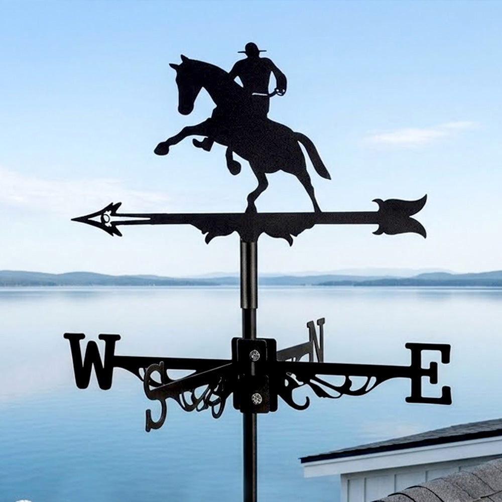 Cowboy rider metal weather vane with directional arrows and mounting rod, outdoor roof and garden decoration