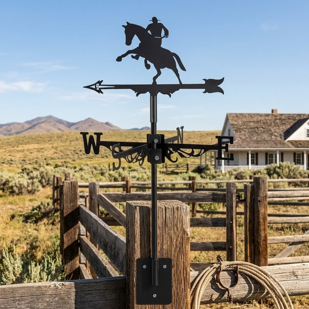 Cowboy rider metal weather vane with directional arrows and mounting rod, outdoor roof and garden decoration