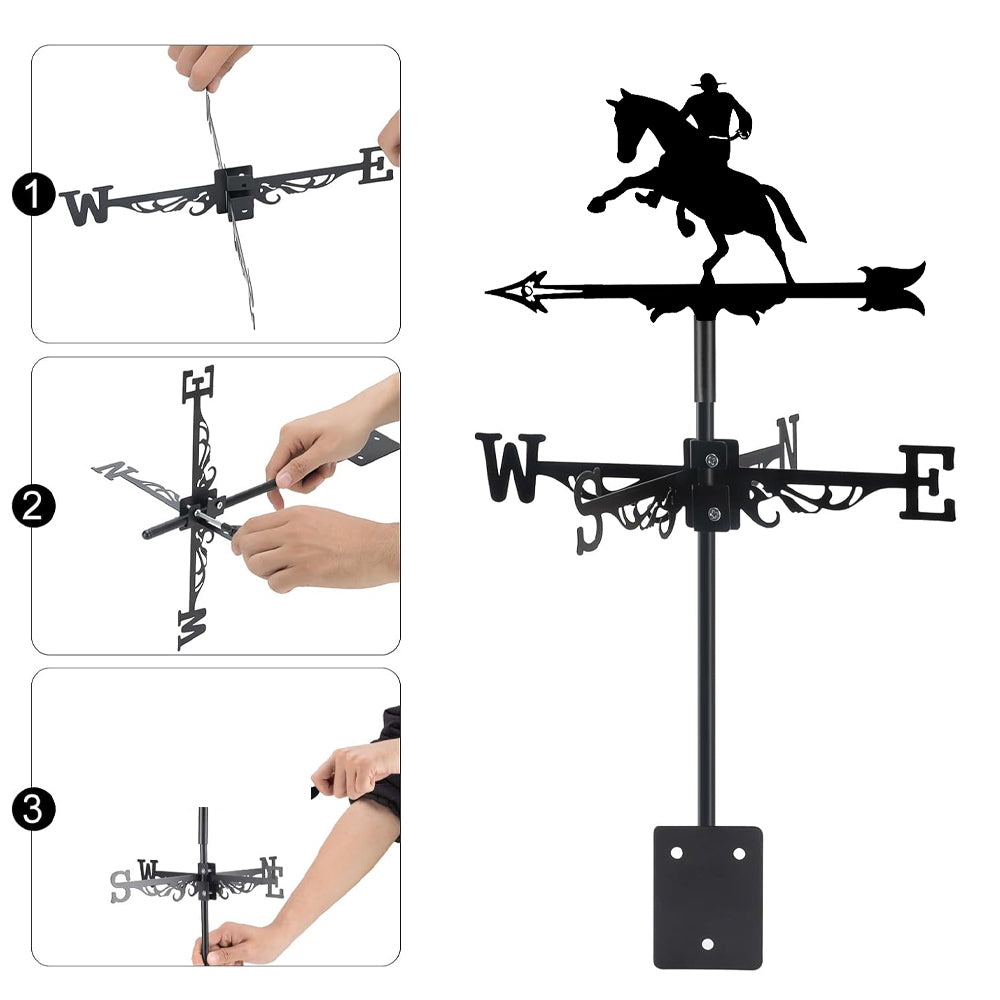 Cowboy rider metal weather vane with directional arrows and mounting rod, outdoor roof and garden decoration
