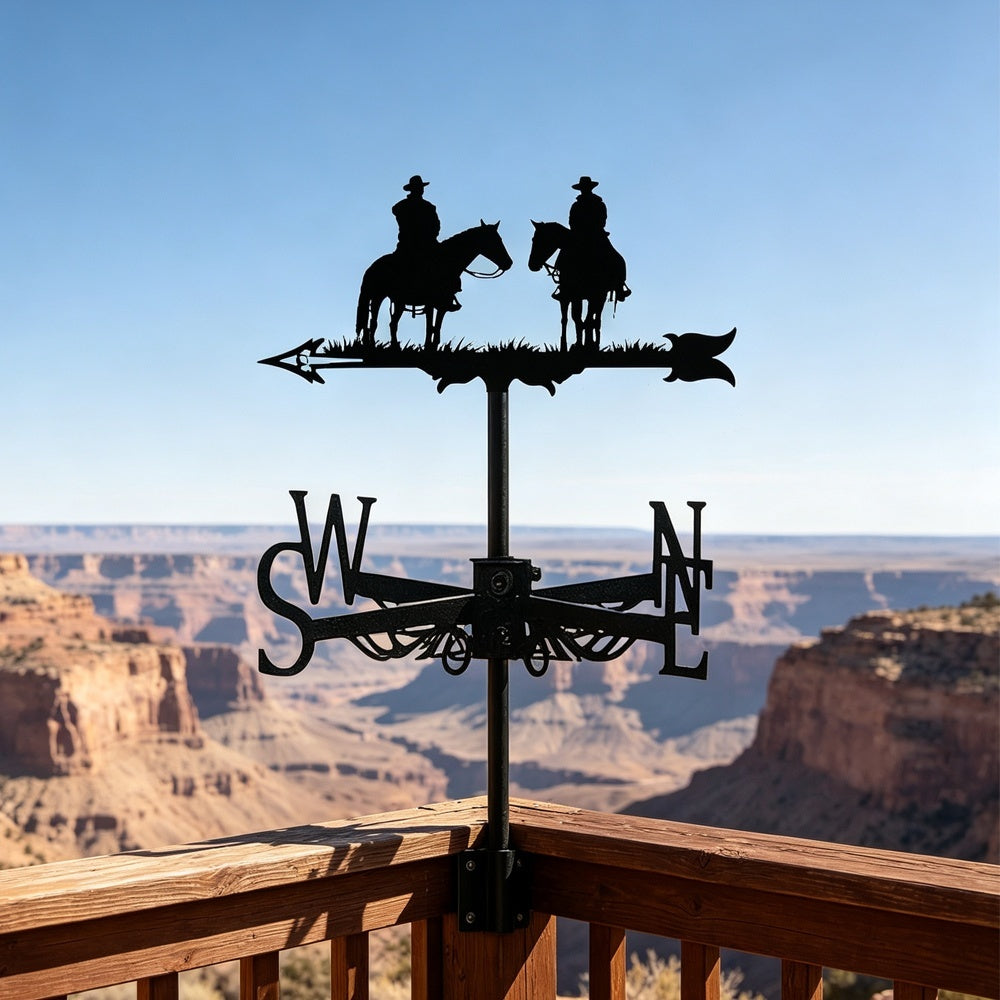 Cowboys on horses metal weather vane with directional arrows and mounting rod, outdoor roof and garden decoration