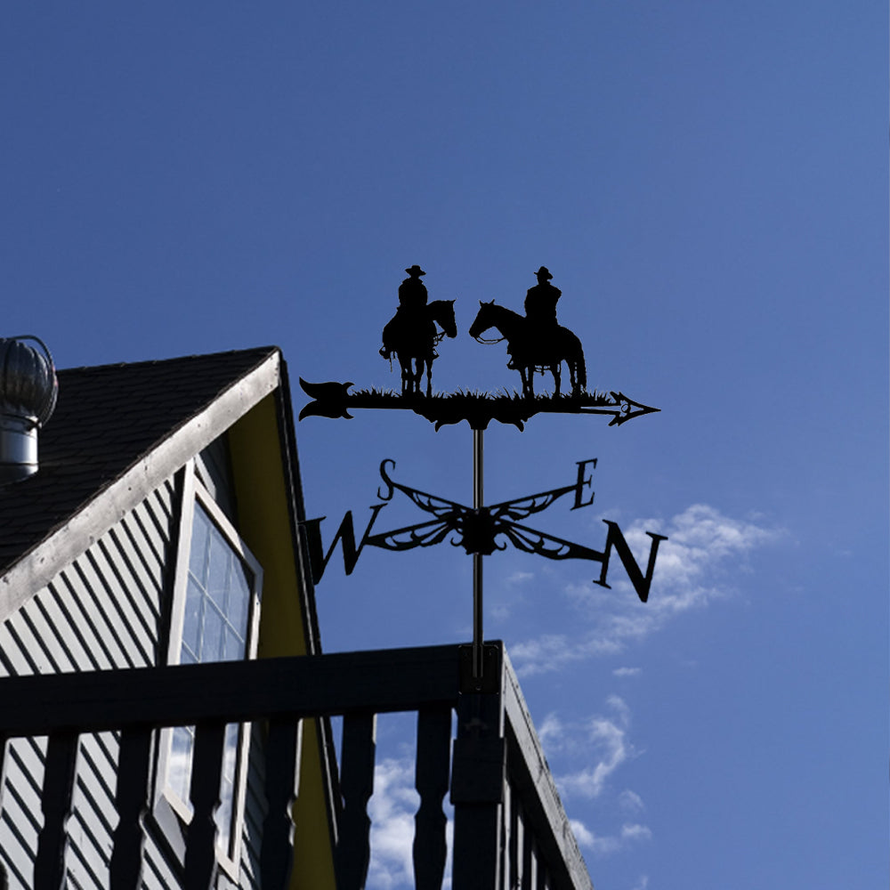 Cowboys on horses metal weather vane with directional arrows and mounting rod, outdoor roof and garden decoration