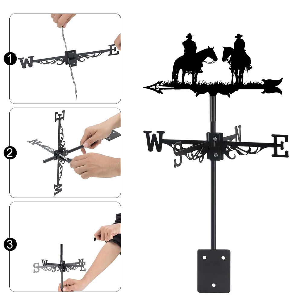 Cowboys on horses metal weather vane with directional arrows and mounting rod, outdoor roof and garden decoration