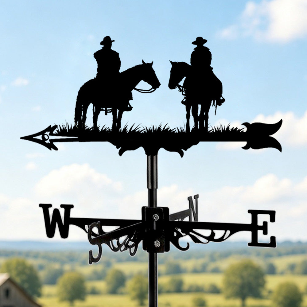 Cowboys on horses metal weather vane with directional arrows and mounting rod, outdoor roof and garden decoration