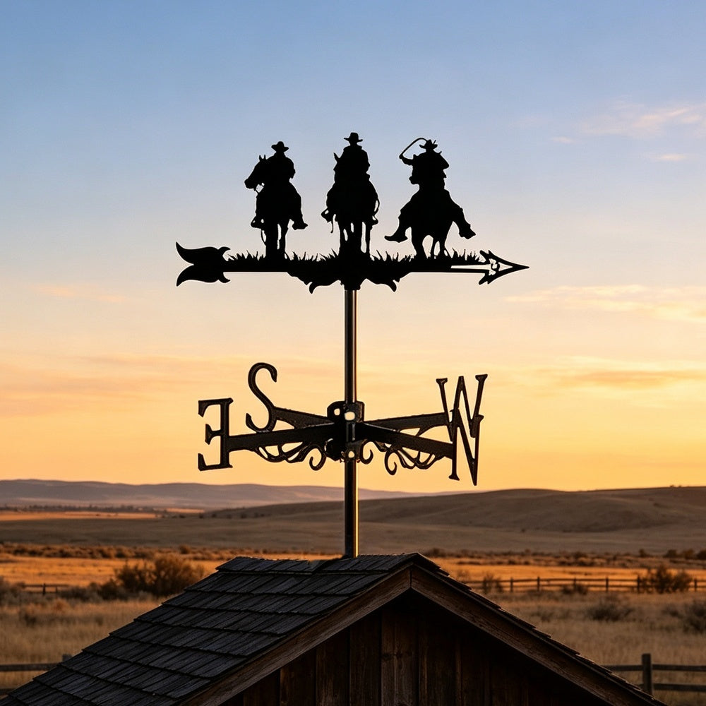 Cowboys on Horses metal weather vane with directional arrows and mounting rod, outdoor roof and garden decoration