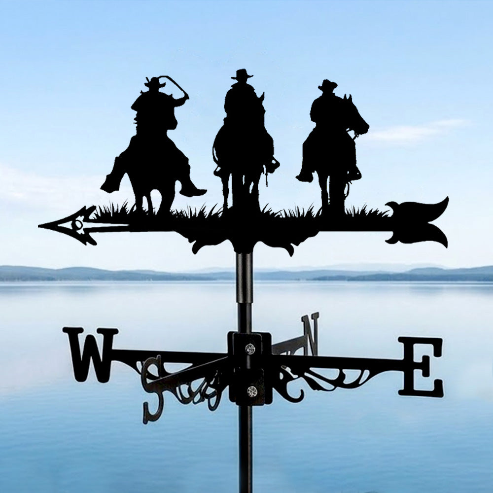 Cowboys on Horses metal weather vane with directional arrows and mounting rod, outdoor roof and garden decoration