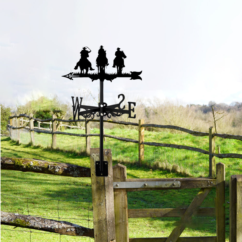 Cowboys on Horses metal weather vane with directional arrows and mounting rod, outdoor roof and garden decoration