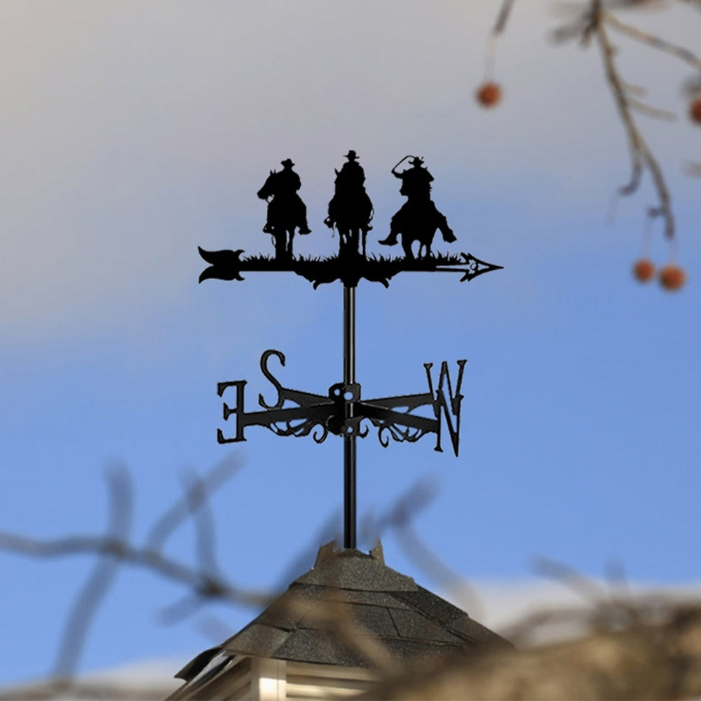 Cowboys on Horses metal weather vane with directional arrows and mounting rod, outdoor roof and garden decoration