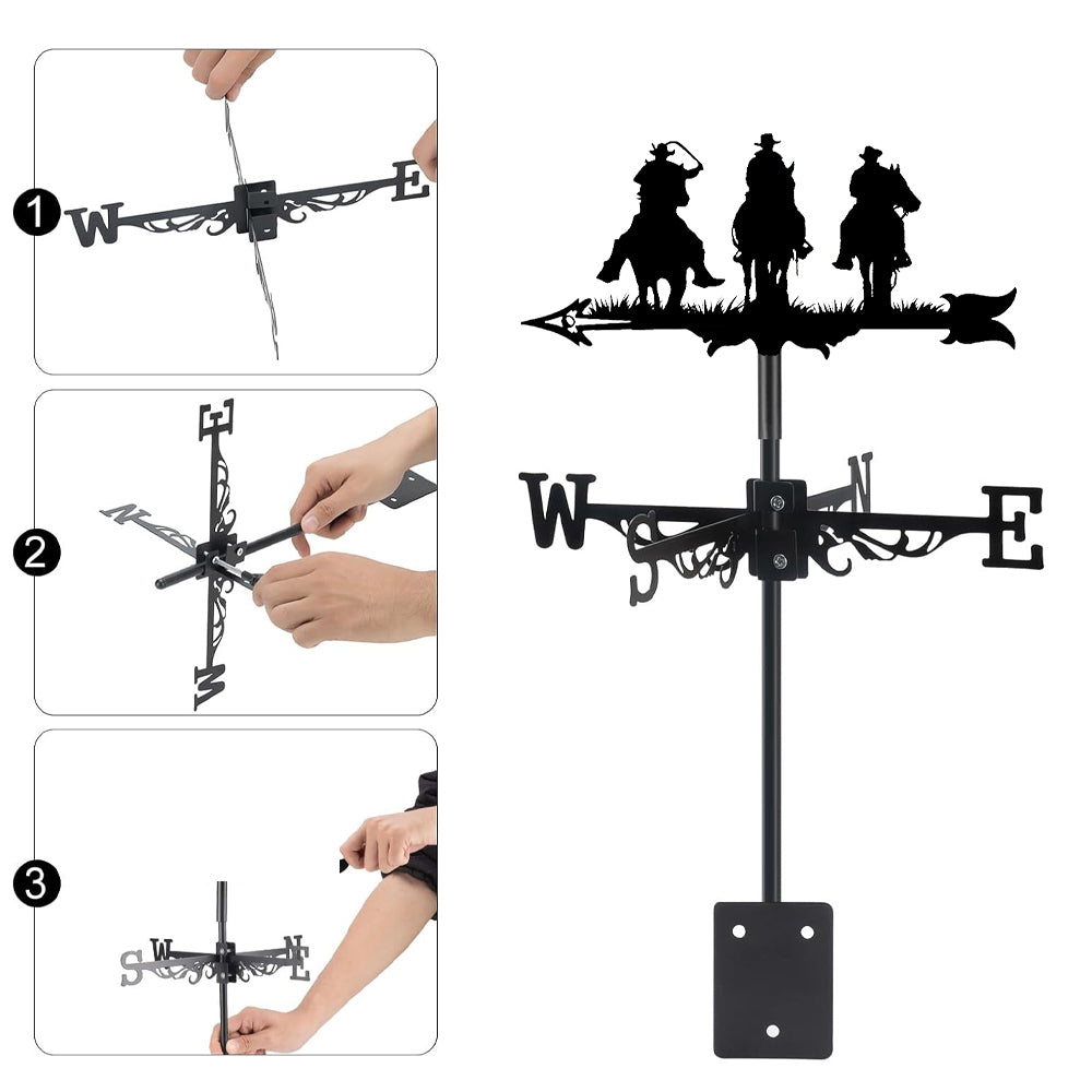 Cowboys on Horses metal weather vane with directional arrows and mounting rod, outdoor roof and garden decoration
