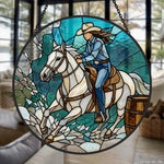 Cowgirl barrel racing stained glass suncatcher window hanging, suitable for home and garden decoration