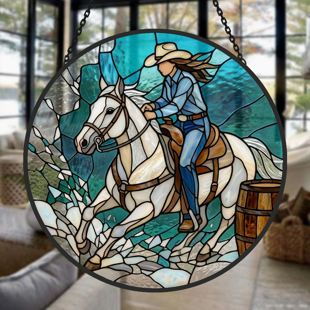 Cowgirl barrel racing stained glass suncatcher window hanging, suitable for home and garden decoration