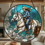 Cowgirl barrel racing stained glass suncatcher window hanging, suitable for home and garden decoration