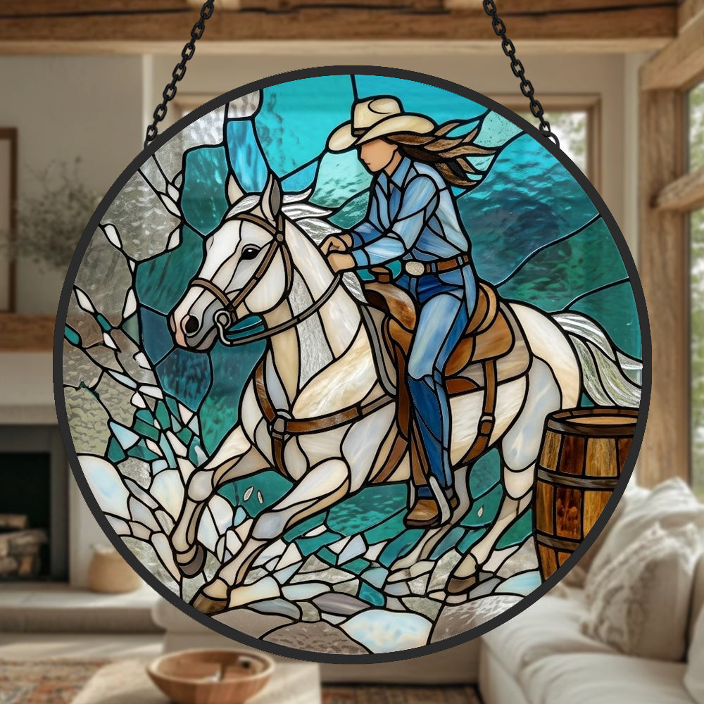 Cowgirl barrel racing stained glass suncatcher window hanging, suitable for home and garden decoration