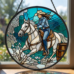 Cowgirl barrel racing stained glass suncatcher window hanging, suitable for home and garden decoration