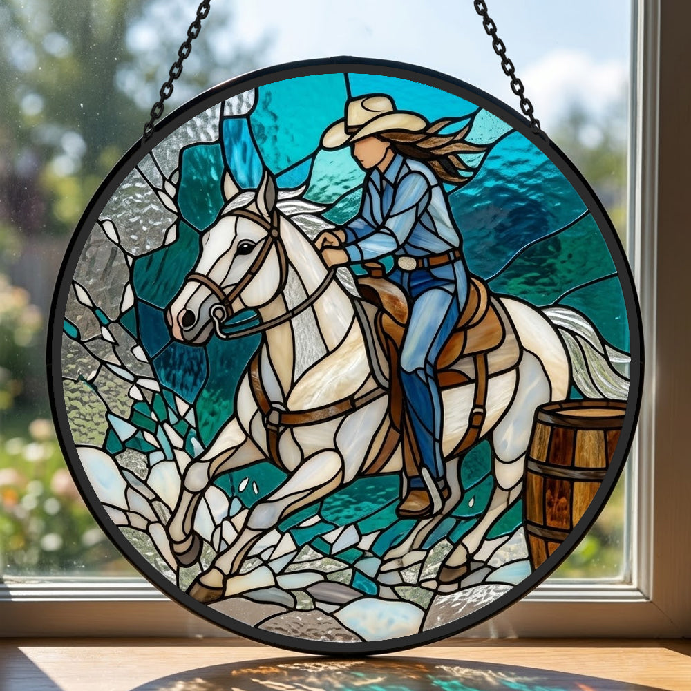 Cowgirl barrel racing stained glass suncatcher window hanging, suitable for home and garden decoration