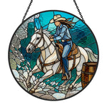 Cowgirl barrel racing stained glass suncatcher window hanging, suitable for home and garden decoration