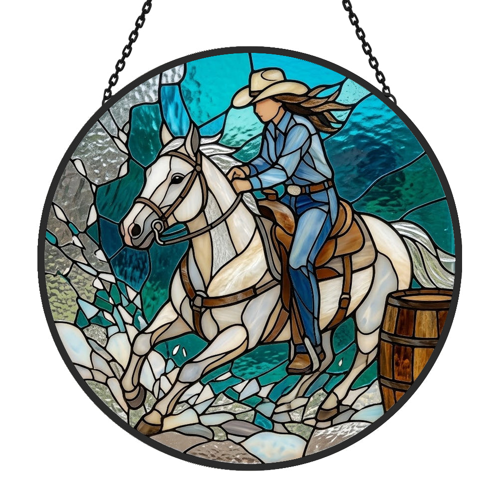 Cowgirl barrel racing stained glass suncatcher window hanging, suitable for home and garden decoration