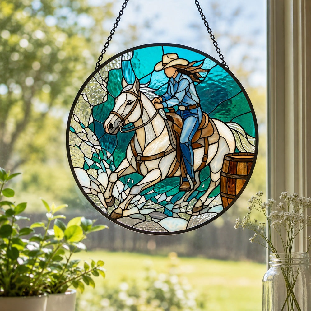 Cowgirl barrel racing stained glass suncatcher window hanging, suitable for home and garden decoration