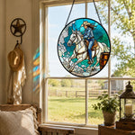 Cowgirl barrel racing stained glass suncatcher window hanging, suitable for home and garden decoration