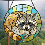 Cozy curled raccoon stained glass suncatcher window hanging, suitable for home and garden decoration