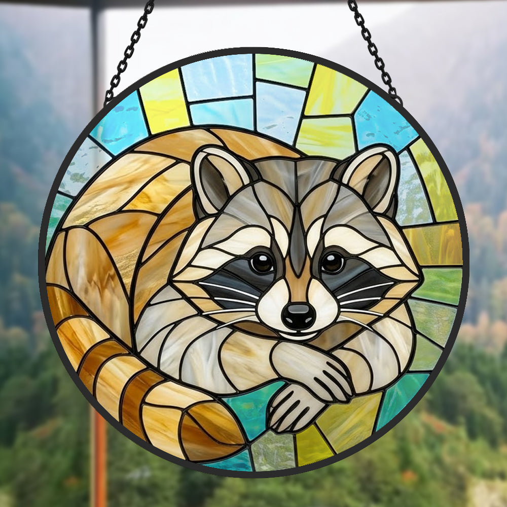 Cozy curled raccoon stained glass suncatcher window hanging, suitable for home and garden decoration