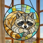 Cozy curled raccoon stained glass suncatcher window hanging, suitable for home and garden decoration