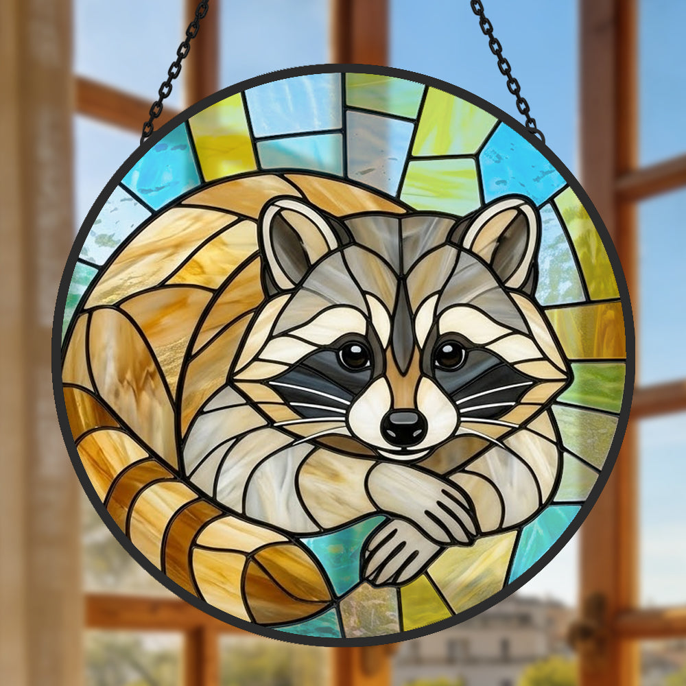 Cozy curled raccoon stained glass suncatcher window hanging, suitable for home and garden decoration