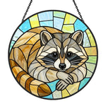 Cozy curled raccoon stained glass suncatcher window hanging, suitable for home and garden decoration