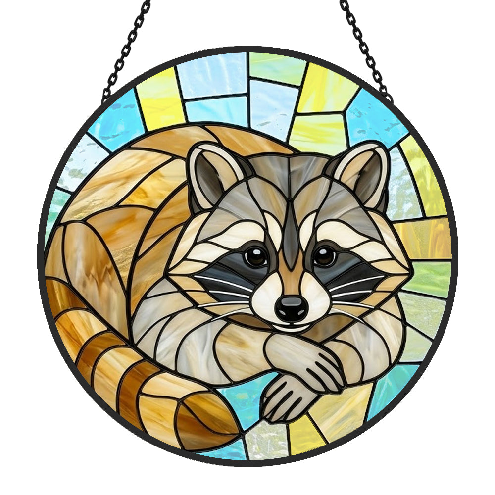 Cozy curled raccoon stained glass suncatcher window hanging, suitable for home and garden decoration