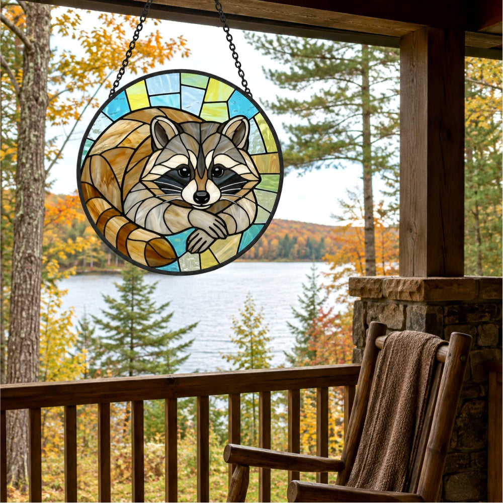 Cozy curled raccoon stained glass suncatcher window hanging, suitable for home and garden decoration