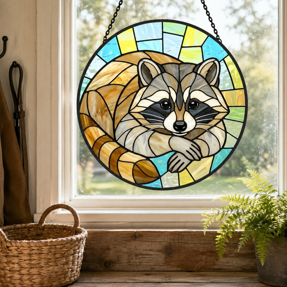 Cozy curled raccoon stained glass suncatcher window hanging, suitable for home and garden decoration