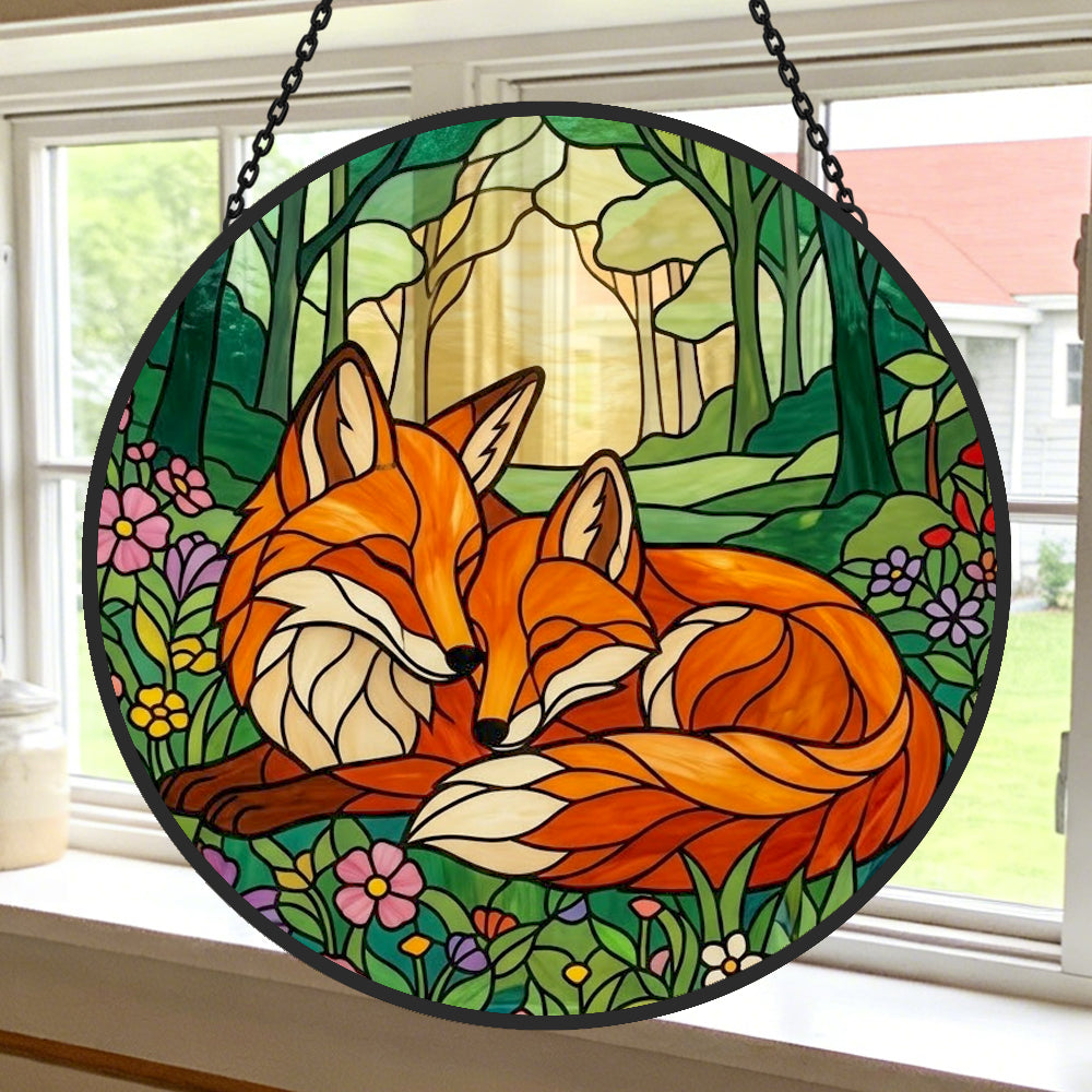 Cozy forest wildflower foxes stained glass suncatcher window hanging, suitable for home and garden decoration