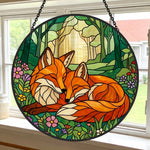 Cozy forest wildflower foxes stained glass suncatcher window hanging, suitable for home and garden decoration