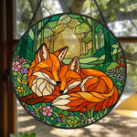Cozy forest wildflower foxes stained glass suncatcher window hanging, suitable for home and garden decoration