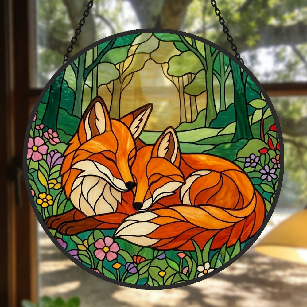 Cozy forest wildflower foxes stained glass suncatcher window hanging, suitable for home and garden decoration